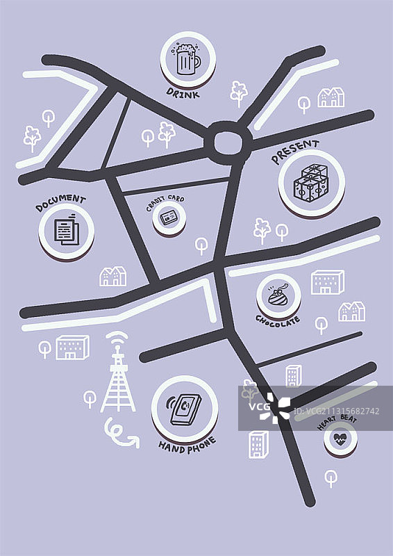 紫色背景下带有旅游目的地的村庄地图插画图片素材