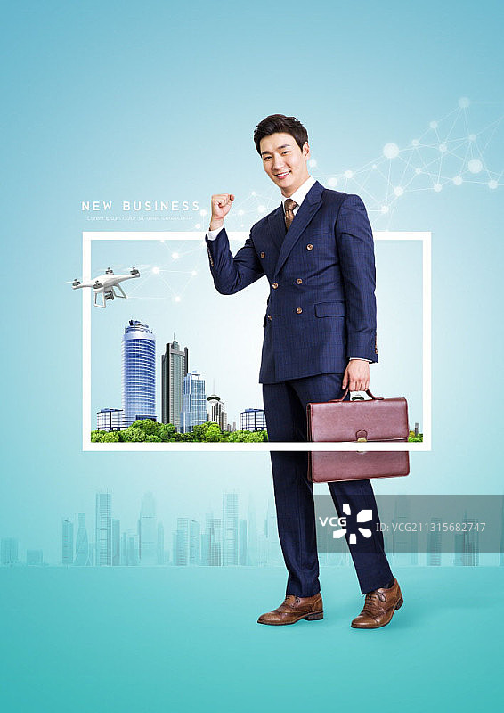 在城市和无人机旁拿着公文包的商人图片素材