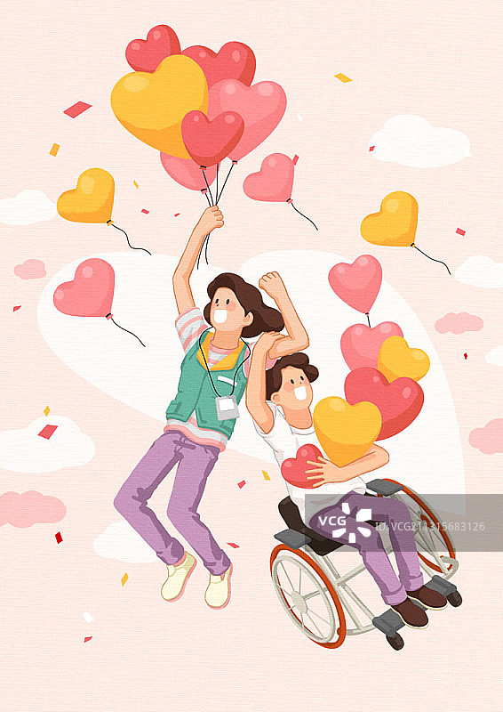 志愿者和坐轮椅的残疾男人手持心形气球飞翔插画图片素材