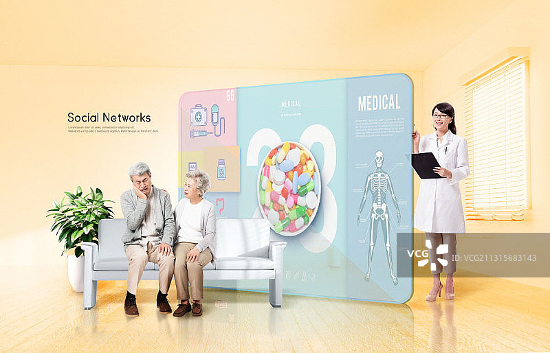 女医生白大褂站立，老年夫妇坐沙发图片素材