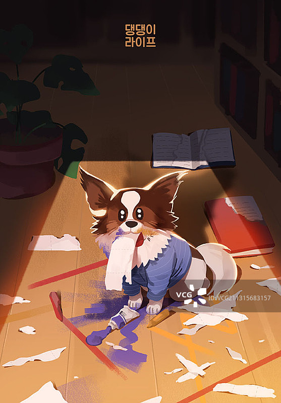 小狗撕纸咬颜料插画图片素材