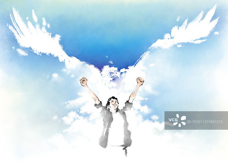 水墨画：女子举手，雄鹰背景图片素材