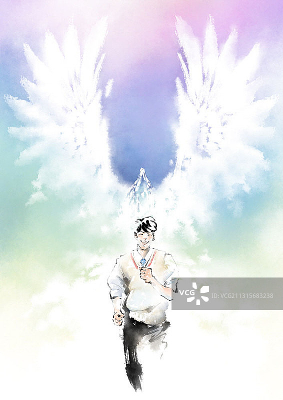 水墨画：奔跑的学童与老鹰背景图片素材