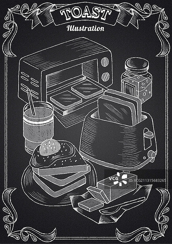 黄油吐司烤箱粉笔画图片素材