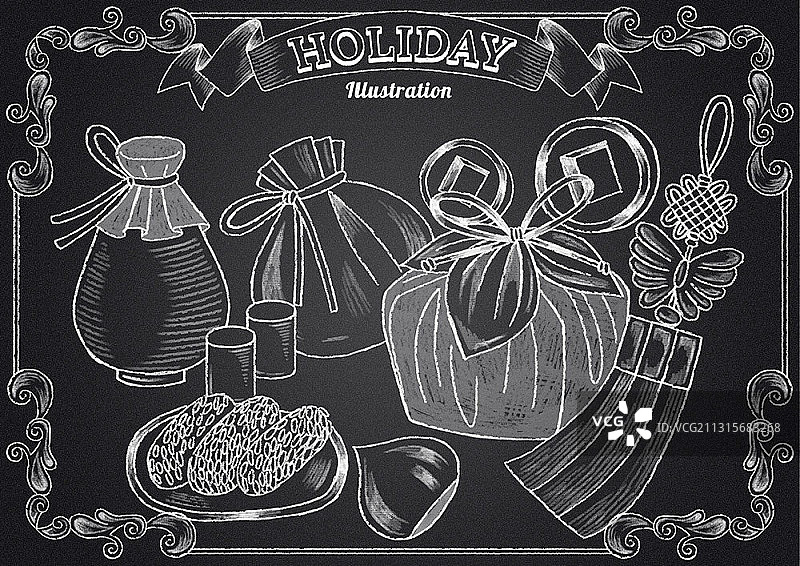 节日道具和韩国传统糖果的粉笔画插图图片素材