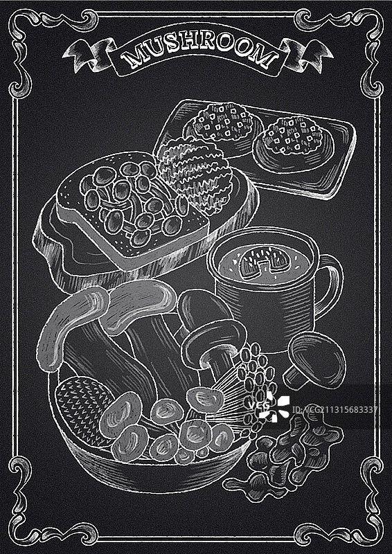 蘑菇和菜肴的粉笔艺术插画图片素材