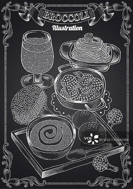 西兰花菜肴和饮品的粉笔画插图图片素材