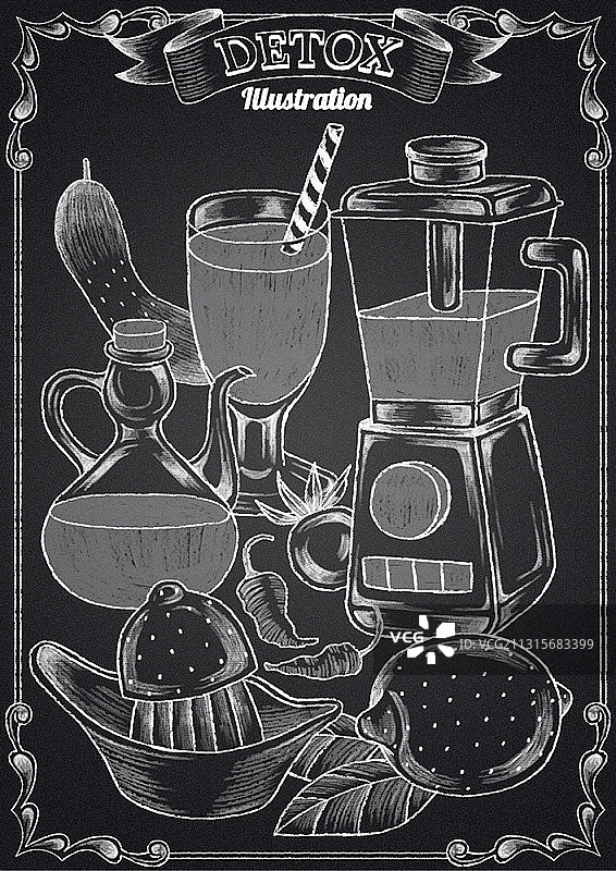 粉笔画的排毒饮料和搅拌机图片素材