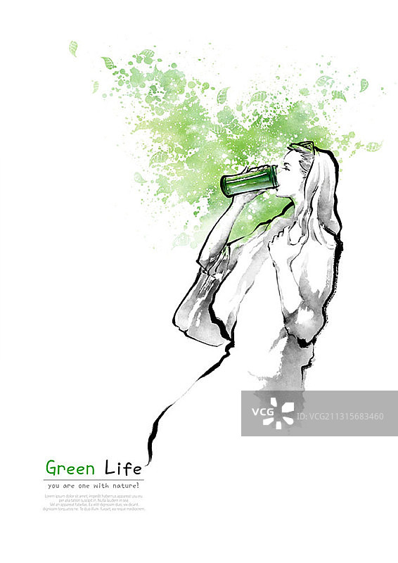水墨画：女子用环保杯饮水图片素材