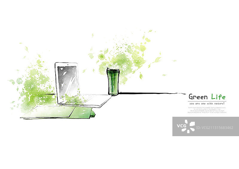 水墨画：笔记本电脑旁的绿色玻璃杯图片素材