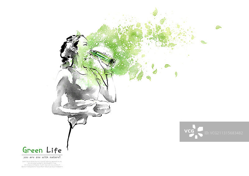 女子用绿色杯子喝水水墨画图片素材