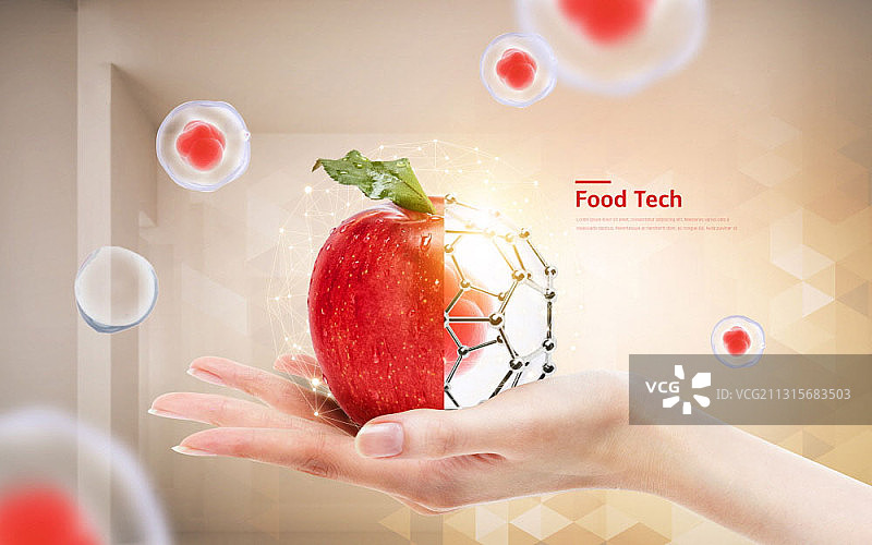 手持半个苹果和基因模型图片素材