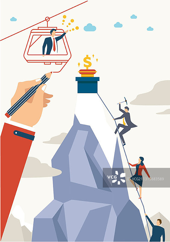 乘坐缆车攀登悬崖的商务人士矢量插画图片素材