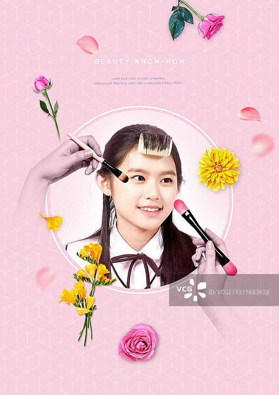 年轻女子在鲜花元素下化妆图片素材