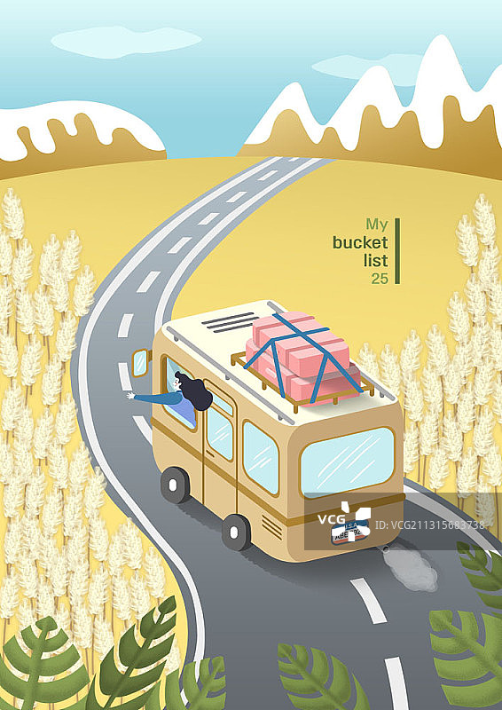 女子秋日公路旅行露营车水桶清单主题插画图片素材