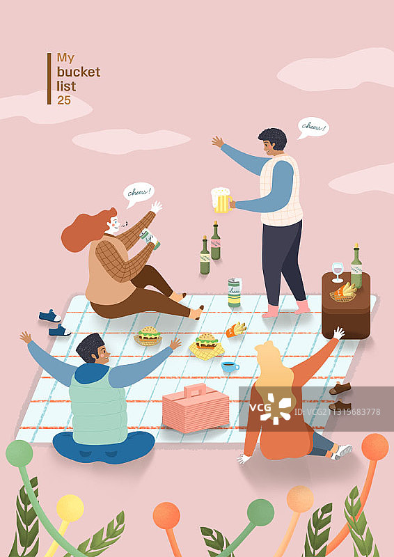 愿望清单主题插画：多元文化的人们野餐喝啤酒图片素材