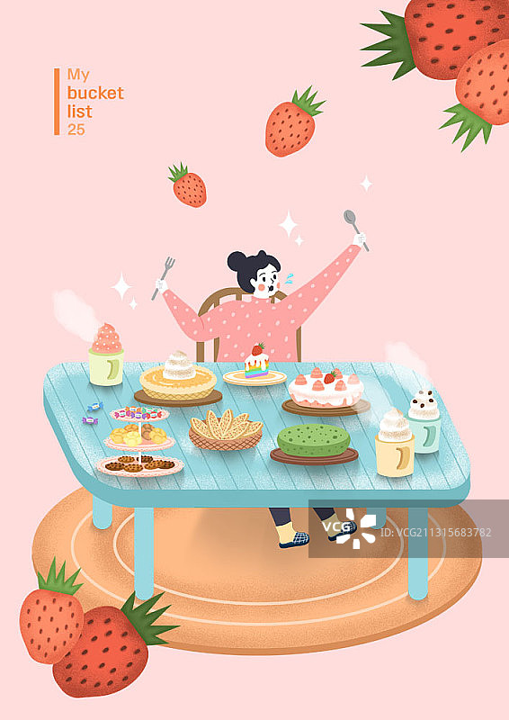 女子坐在摆满草莓甜点桌旁的愿望清单主题插画图片素材