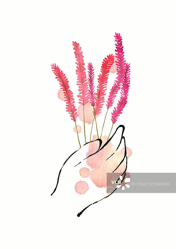 手和粉色花朵的水墨画图片素材