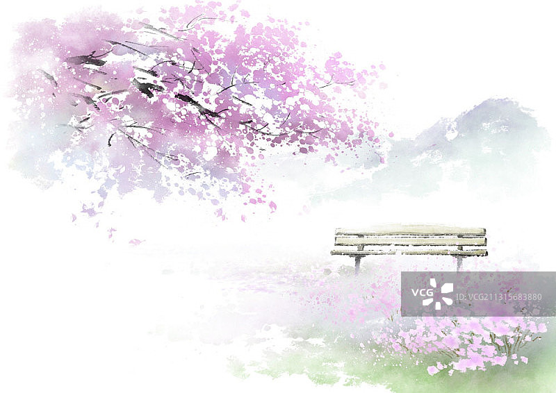 水墨画长椅和樱花树图片素材