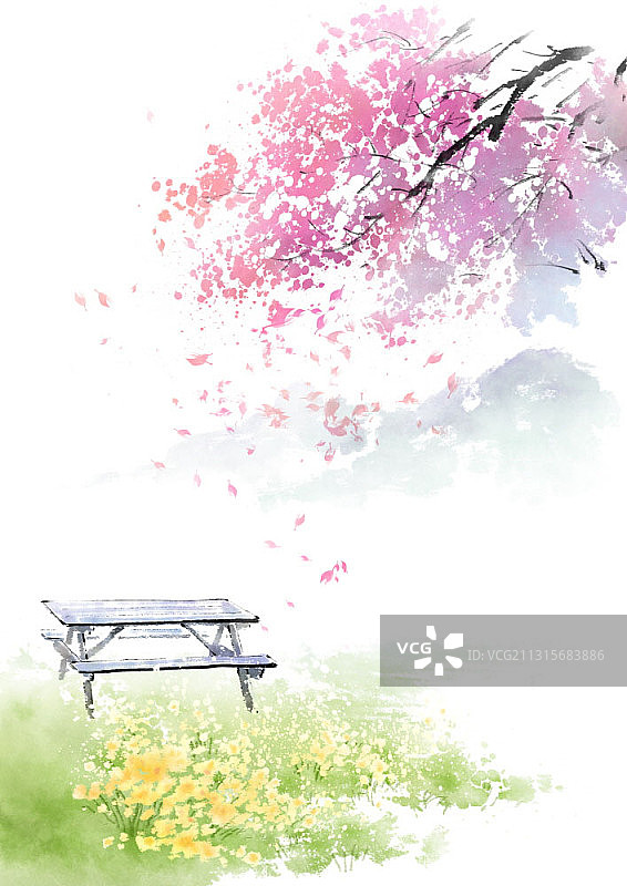 水墨画：花坛边的长椅与樱花树图片素材