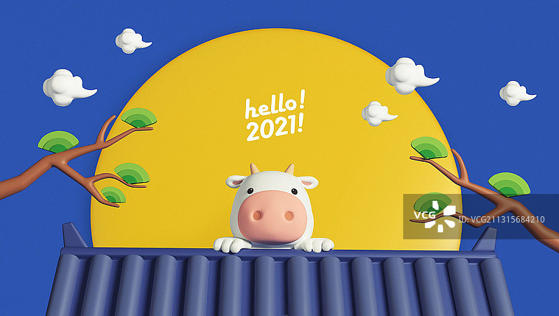 可爱的3D奶牛角色躲在屋顶后，背景是巨大的月亮图片素材