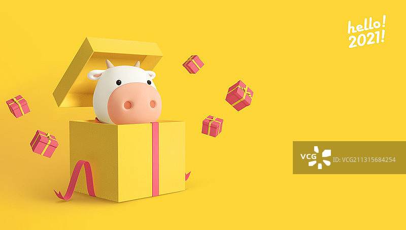 红色丝带黄色礼品盒中的3D可爱奶牛角色图片素材