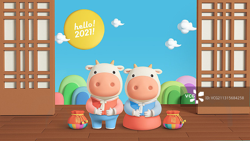 穿着韩服站在传统门前，拿着幸运袋的可爱3D奶牛情侣图片素材