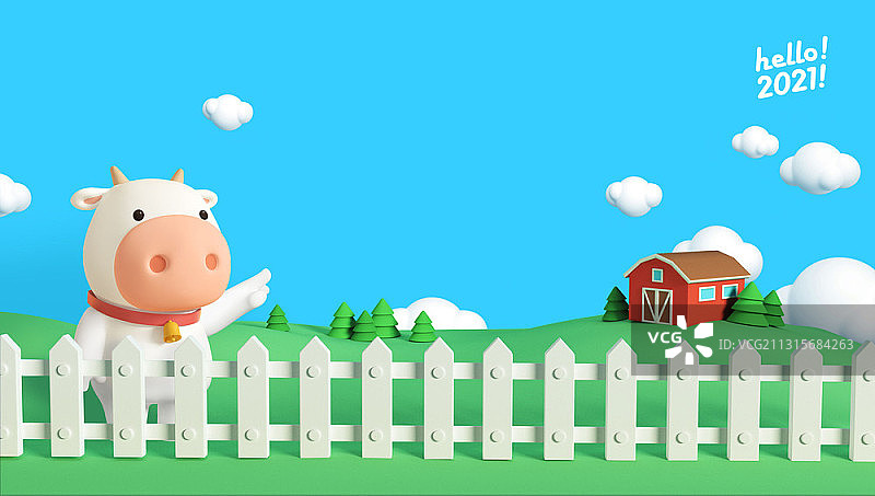 绿色农场指向前方的3D卡通奶牛图片素材