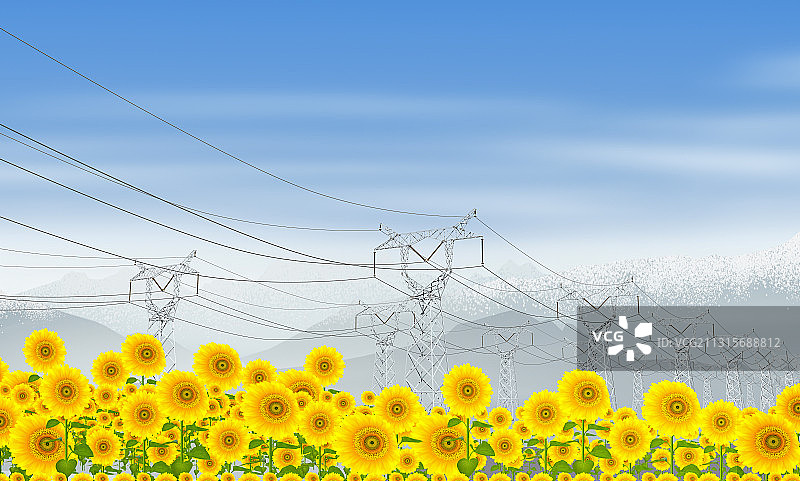 雪山下的电力传输塔和向日葵图片素材