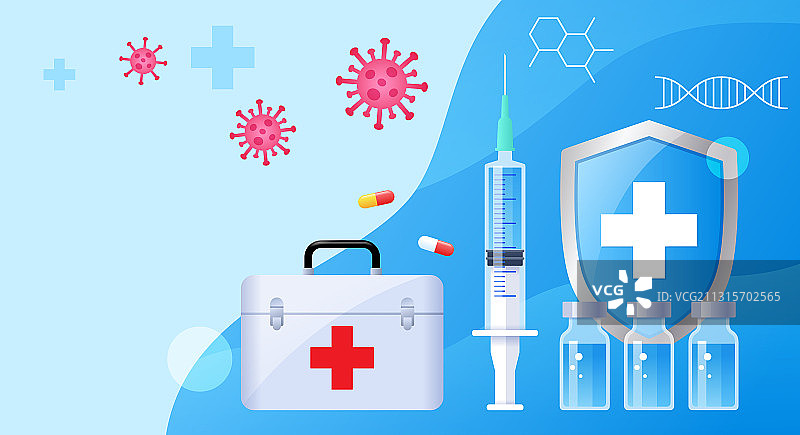 注射器疫苗和盾牌药箱等插画图片素材