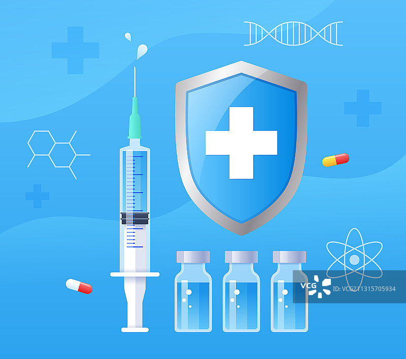 注射器疫苗和盾牌等插画图片素材