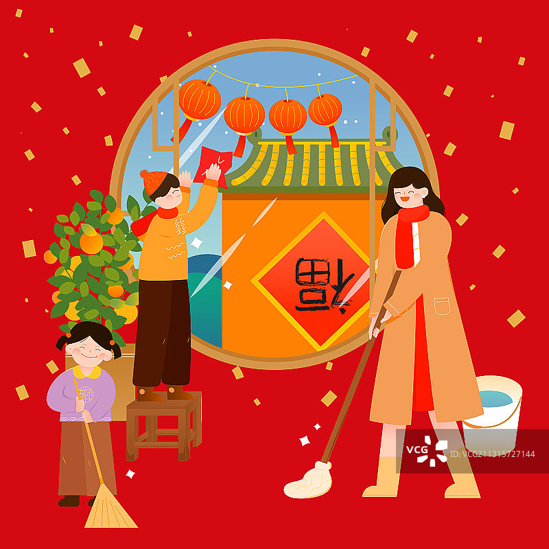 小年一家人打扫卫生矢量插画海报方图图片素材
