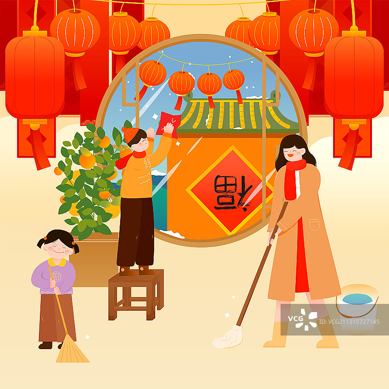 小年一家人打扫卫生矢量插画海报方图图片素材