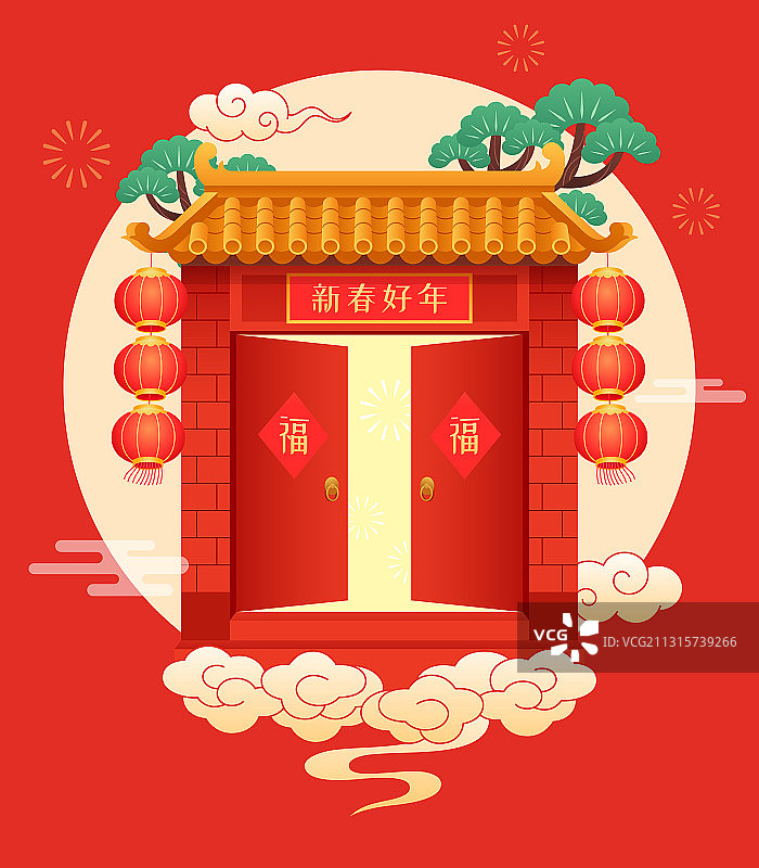 中式大门和松树祥云等图片素材