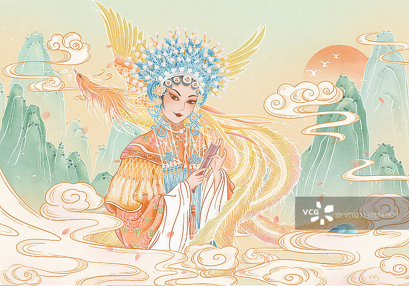 凤凰起飞京剧花旦人物手拿扇子的山水场景图片素材