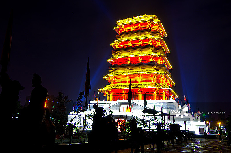 西安汉城湖大风阁和汉城湖夜景图片素材