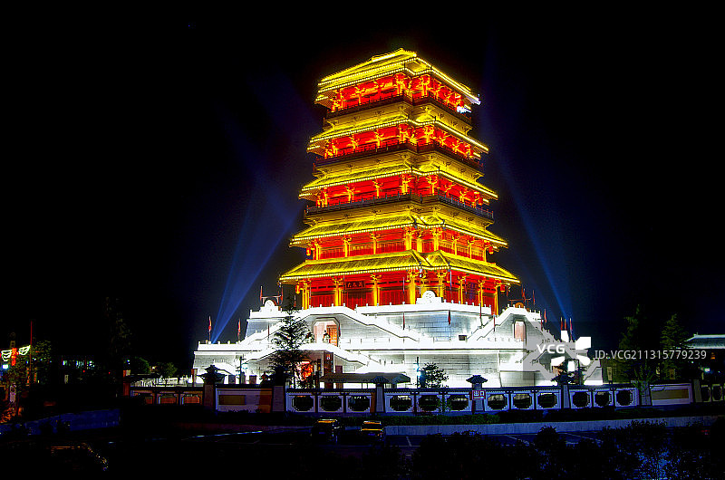 西安汉城湖大风阁和汉城湖夜景图片素材