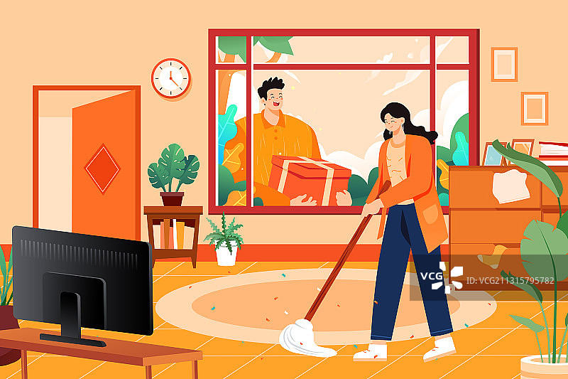 卡通居家生活情侣情人节女孩妇女节电商促销网购新年打扫矢量插画图片素材