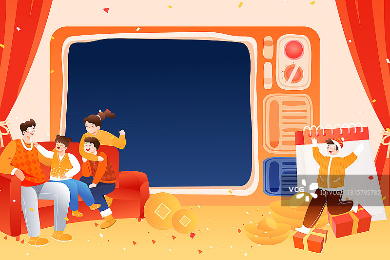 卡通家庭全家福儿童亲子家人居家看电视春晚影视生活矢量插画图片素材