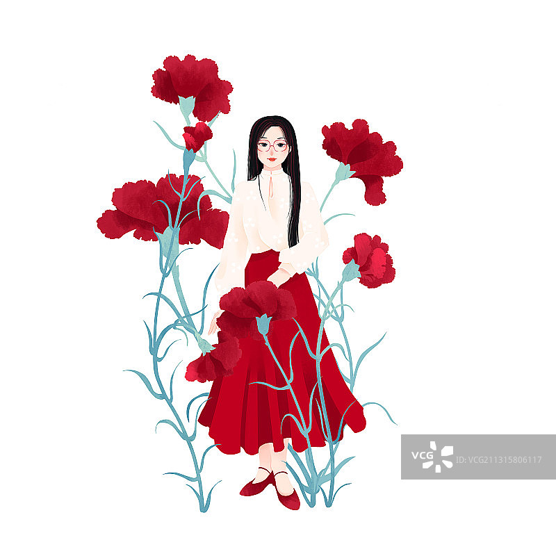 四月盛开红色康乃馨黑长发眼睛少女插画图片素材