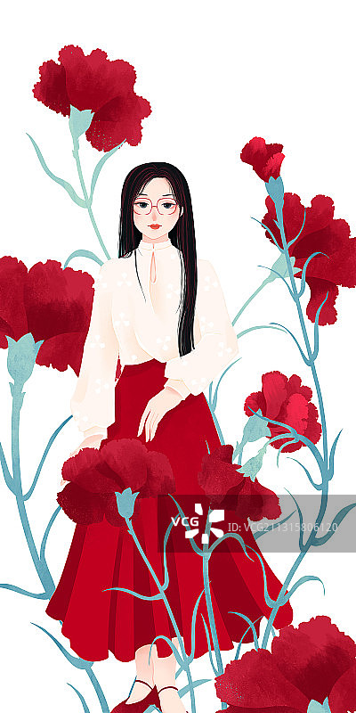 四月盛开红色康乃馨黑长发眼睛少女插画图片素材