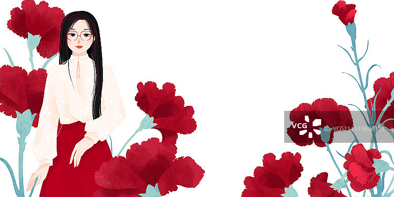 四月盛开红色康乃馨黑长发眼睛少女插画图片素材