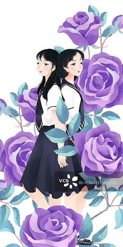 五月盛开紫玫瑰校服夏日黑发少女插画图片素材