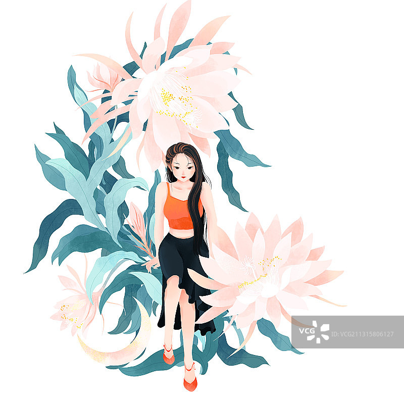 六月盛开昙花长发坐姿夏季少女插画图片素材