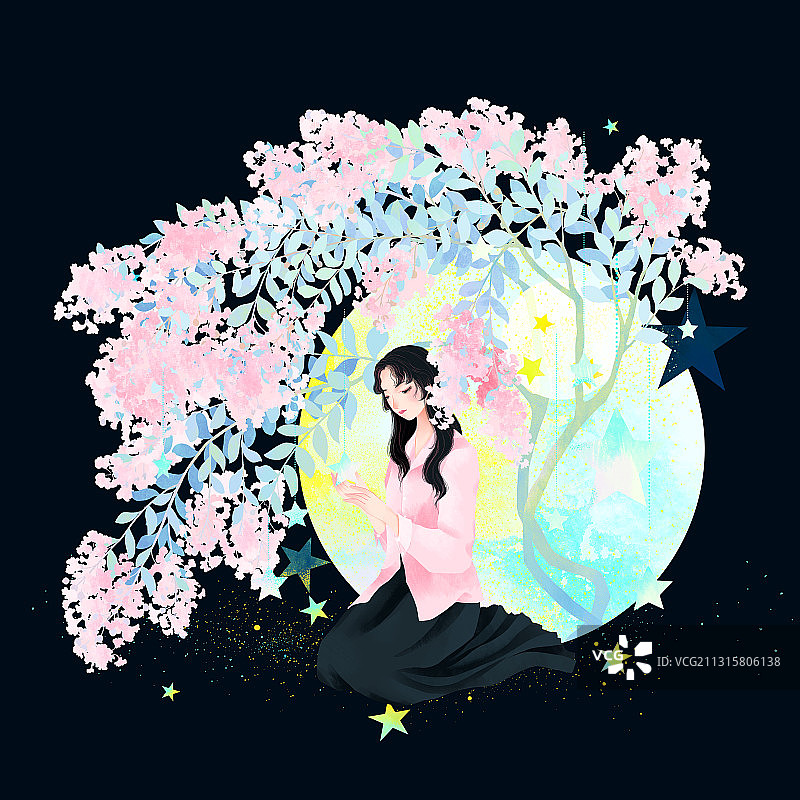 盛开紫薇花粉衣长发少女星空月亮插画图片素材