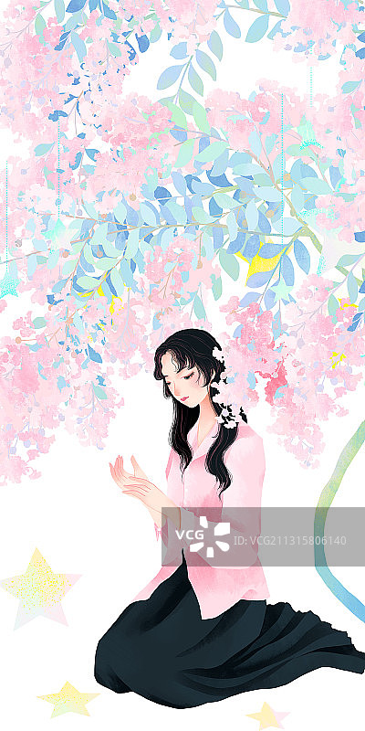 八月盛开紫薇花坐姿粉衣长发少女星星插画图片素材