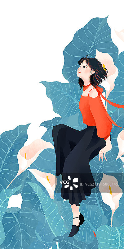 九月盛开海芋花短发红衣少女插画图片素材