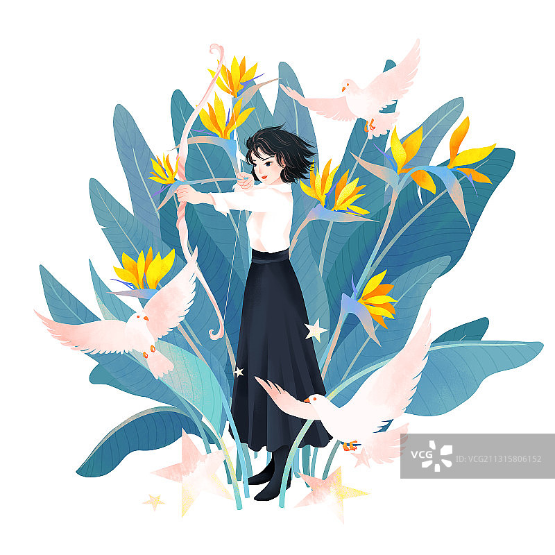 十一月天堂鸟鹤望兰射箭短发少女插画图片素材