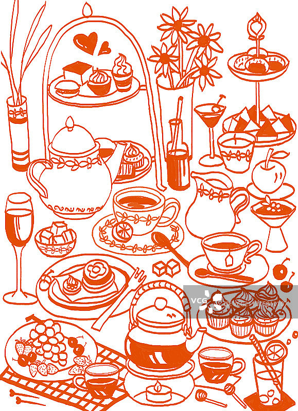 下午茶手绘线条插画图片素材