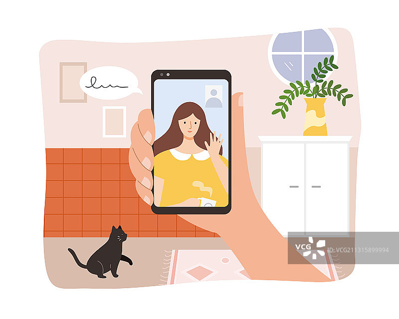 手持手机与朋友进行视频聊天扁平插图图片素材